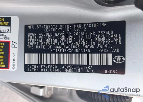 2012 Toyota Camry Se z USA, uszkodzony, nr VIN 4T1BF1FKXCU593185